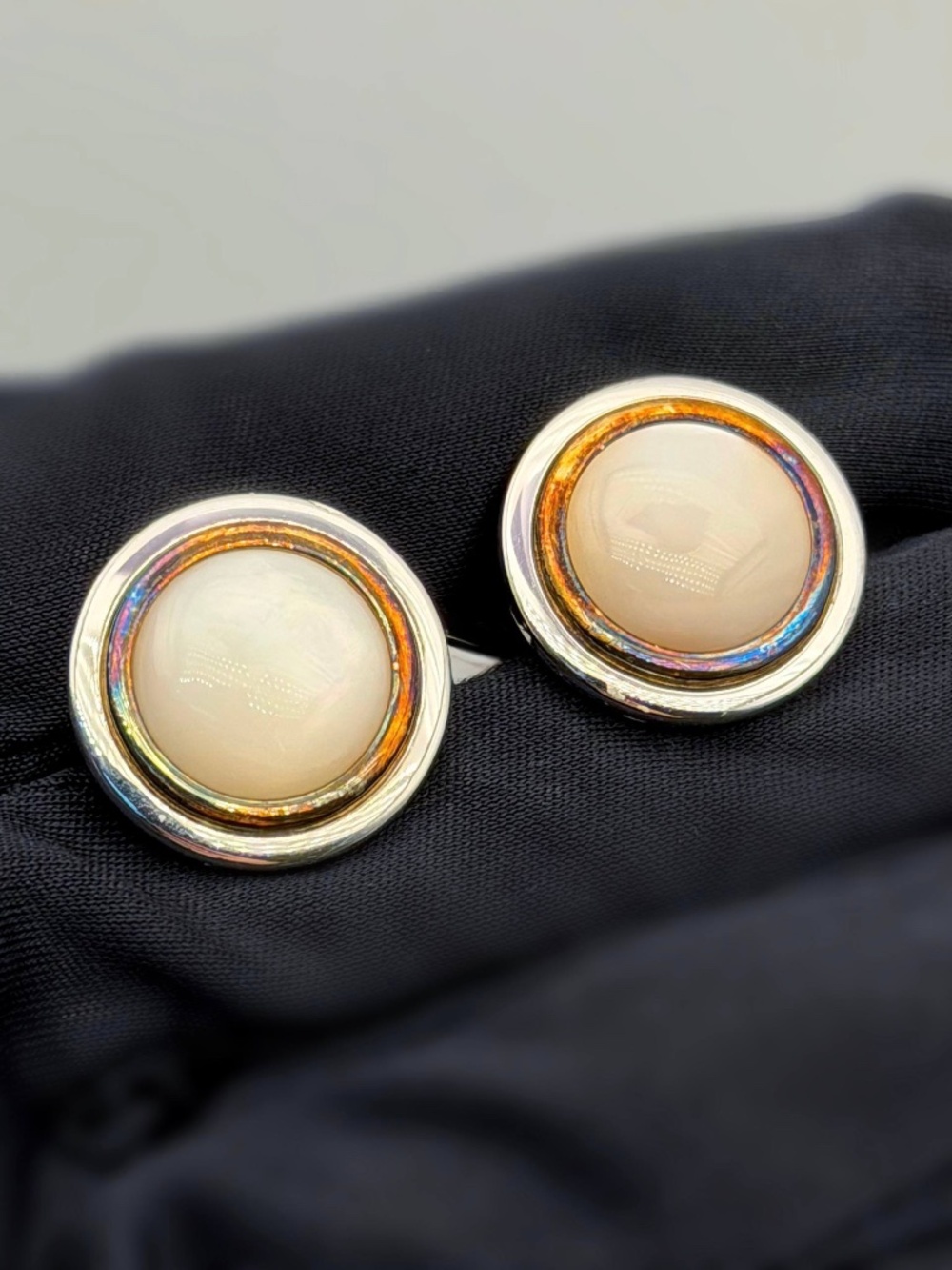 Vintage Oxidized 925 Sterling Silver 14k Yellow Gold Moonstone Unisex Cufflinks